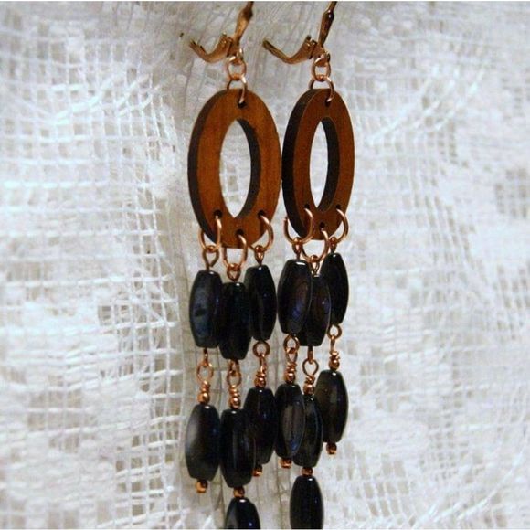 Handmade Shell, Copper & Wood Chandelier Earrings - Picture 3 of 5